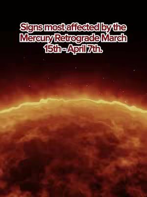 The image shows a close-up view of a fiery, cloud-like formation with a dark background, and text overlays with information about a retrograde transit.