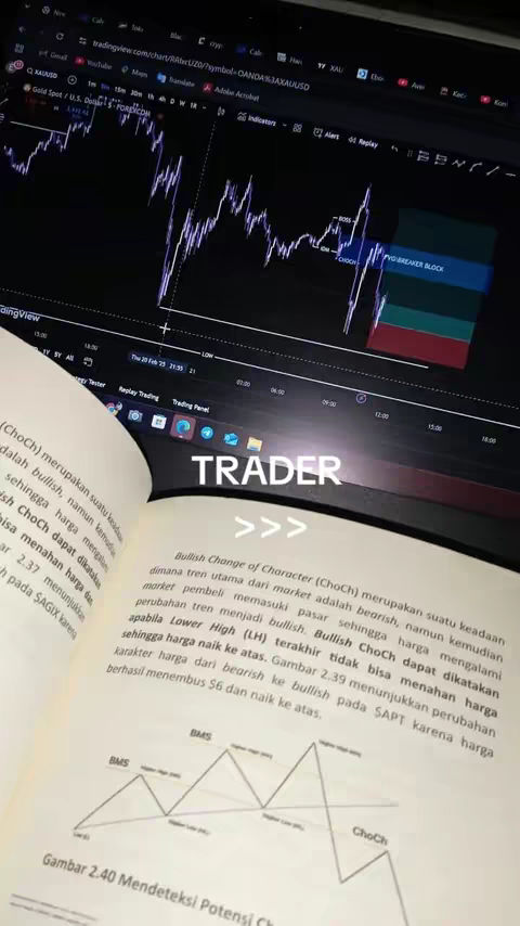 The cover image shows a laptop displaying a trading chart with candlestick patterns. An open book is in the foreground, with the word "TRADER" overlaid on the book. The text in the book is in Indonesian, discussing bullish and bearish market trends, and an accompanying line graph.