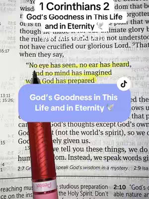 The cover image shows an open Bible with the text '1 Corinthians 2:9' highlighted, with a quote placed on top of it. A lipstick is shown on the bottom of the image with the text overlay on top of all. Overall a simple image that contains key elements for a bible scene.