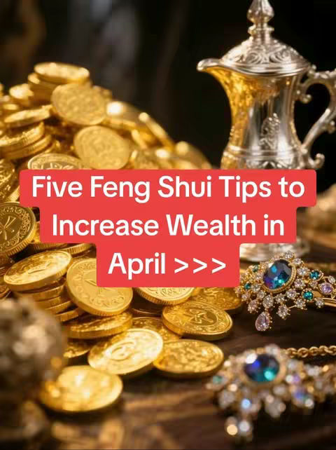 A photograph showcasing a display of gold coins, jewels, and a silver cup. A red banner with white text overlays the image, stating "Five Feng Shui Tips to Increase Wealth in April >>>". The background has a dark gradient from black to gold, highlighting a collection of gold coins with intricate carvings on them, along with additional golden items, and decorative jewels.