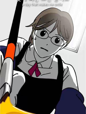 An anime-style illustration showing a person with glasses cleaning. The person is wearing an apron and shirt, and the background is minimalist and light.