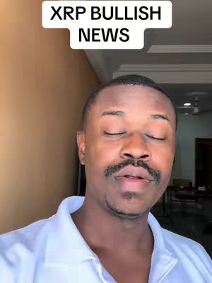 A shot of a man with closed eyes, with a white banner above that reads "XRP BULLISH NEWS". He has a dark mustache and short dark hair, wearing a white polo shirt. The background is a beige wall.