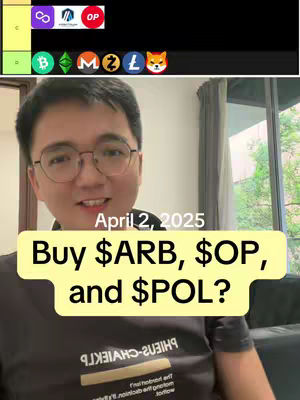 A man with glasses is smiling at the camera, in front of a slightly blurred background. A banner with text in white on a yellow background is in the foreground. Above the man is a tier list with cryptocurrency logos.