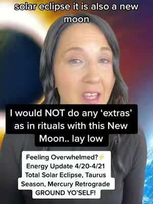 A woman with dark hair in a black top speaks directly to the camera, with a blurred background of an eclipse effect and a vibrant blue and purple gradient. Text overlays in black boxes provide additional information and call to action.