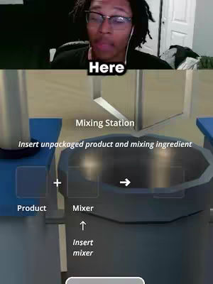 The video features a split-screen. The top half shows a man with glasses and a black shirt, looking at the camera. The bottom half displays a 3D rendered gaming environment, with instructions such as 'Mixing Station' and 'Insert unpackaged product and mixing ingredient' and further instructions detailing on where to insert the product.