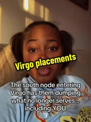 A selfie-style video cover image featuring a woman with pigtails, facing the camera. She has a neutral expression but seems like she is speaking. A yellow banner overlay reads "Virgo placements". Below is a white text overlay providing more information about the content.