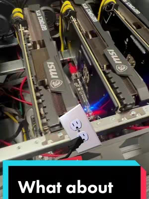 The image shows an extreme close-up of computer hardware, specifically multiple graphics cards (GPUs) with the MSI logo, connected to a power outlet. The GPUs are installed in a mining rig setup. The background is dark and full of wiring and components.