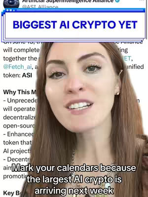 A woman with long brown hair and light skin is centered in the frame, looking directly at the camera. The background includes a screenshot of a Twitter post which has a white bar overlay with the text "BIGGEST AI CRYPTO YET". Below the woman, the text is overlaid that says."Mark your calendars because the largest AI crypto is arriving next week"