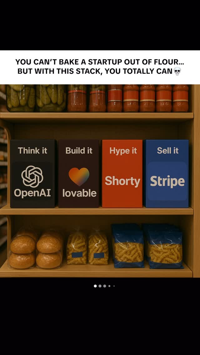 The cover image is a well-organized display of food items in a shelf-like structure. At the top, there are rows of glass jars filled with what appears to be pickles and canned goods, with vibrant red and green colors creating contrast. The middle section features four boxes, each labeled with text, representing steps for a startup: 'Think it' with the OpenAI logo, 'Build it' with a heart logo, 'Hype it' with the Shorty logo, and 'Sell it' with the Stripe logo. The bottom shelf displays bags of bread and pasta, providing a balanced composition with a range of textures and shapes. The overall layout is clean and structured, using a warm color palette.