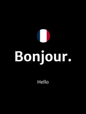 A black background with a French flag icon at the top and the word "Bonjour." in large white text. Below this, is the English translation "Hello."