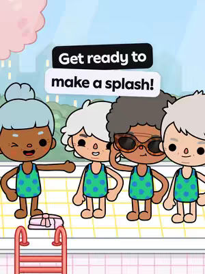 The image depicts four cartoon figures, each a different skin tone and wearing a swimsuit, standing at the edge of a pool. Above them, a text overlay reads 'Get ready to make a splash!'. The background consists of a light blue, blurry cityscape and a pink cloud. A pool ladder and some towels are visible in the immediate foreground. The overall design is bright, friendly, and colorful.