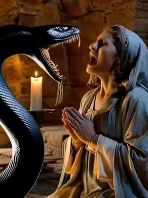 A digitally enhanced image shows a woman in what appears to be a biblical setting. She is praying with her hands clasped, looking upward with a distraught expression. Facing her is the open, menacing mouth of a large, black snake with sharp fangs. A lit candle stands between them, casting a warm glow. The background depicts a dimly lit room with a stone wall.