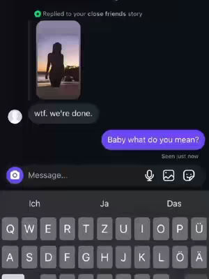 The cover image shows a phone screen displaying a text message conversation against a dark background. The top of the screen shows a picture of a person standing in the water on a beach at sunset. Below the image are the text message bubbles. The image is framed within the context of a close friends Instagram story.