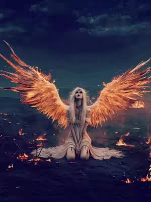 A fantasy-themed image of a woman kneeling, with large fiery wings spread behind her. Flames and a dark background add to the dramatic effect.