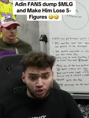 The cover image shows a man in a black shirt in the foreground, looking directly at the camera with an open mouth. Behind him, another man wearing a jersey and a pink baseball cap is partially visible. The background includes a whiteboard with handwritten text and diagrams, and the text overlayed displays conversation about 'MLG' and its correlation with crypto information.