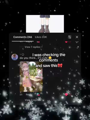 The image is a screenshot of a comment section on a social media platform, featuring a black background with overlaid elements. The main elements include a screenshot from a game or app, reactions with the comments, and a snow overlay effect. Text overlays such as "Comments" and "Likes" with numerical values are visible along with other comments with an image and emojis