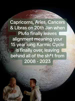 The image is a composite that overlays text on an image of a planet, likely a depiction of a celestial body with red and white hues. Below this, two men are positioned on a black background. The overlay includes text in a white font.