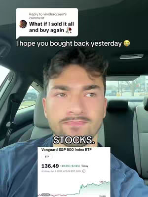 A man inside a car is looking at the camera with a chart of stock market data in the bottom right corner and text overlayed with a finance theme.