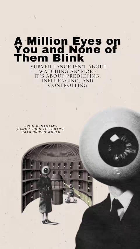 A collage-style image with a vintage aesthetic. The central element is a large eye replacing the head on a person in a suit. Below, a vintage-style illustration of a building with a large circular structure is present with figures. The background is a light tan color. Text is overlaid in a bold, sans-serif font with a stark black color.