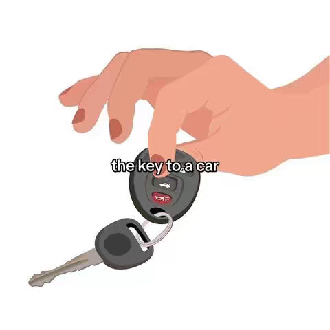 A cartoon-style image on a white background depicts a hand holding a car key fob. The key fob is black and has a red alarm button. The key is attached to a key ring. The text overlay reads: "the key to a car".