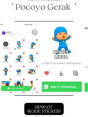 The cover image displays a smartphone screen showcasing a sticker pack from Sticker.ly.  Various Pocoyo stickers are arranged on the screen, with one animated Pocoyo character with open arms. The app interface with elements like add-to-WhatsApp buttons, and a code sticker. The background is a white space.