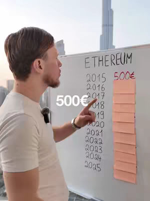 A man stands in front of a whiteboard, pointing at it with his right index finger. Written on the board are the word "ETHEREUM" at the top, followed by a list of years from 2015 to 2025. Next to "2015" is the text "500€". Below the list of years are several pink rectangles.
