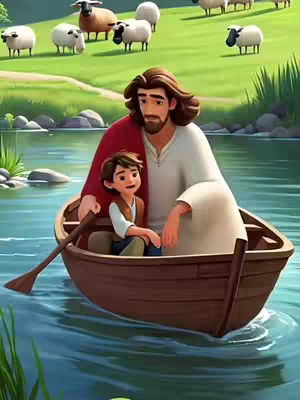 An animated scene depicting a biblical narrative. Jesus, with long brown hair and a beard, is in a small wooden boat, holding a young boy with short brown hair. They are on a lake with the green grass and several white sheep in the background. The overall composition is warm and inviting, with bright colors and a focus on the central figures.