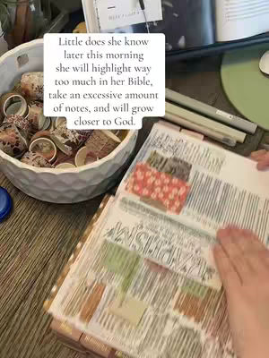 The image shows a close-up of a person with a bible open. The bible has colorful sticky notes and highlighted passages. In the top left is a bowl with rings and other small items. The hook text is overlayed on a white box.