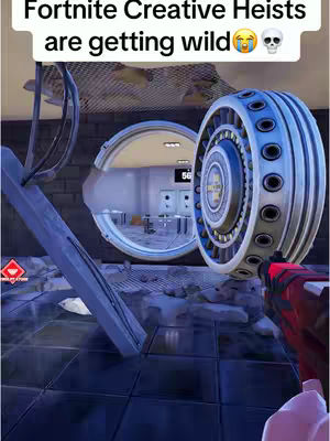 The image showcases a scene from the video game Fortnite. The foreground features a blue, metallic vault door, with an open circular door revealing a glimpse of a futuristic room inside. The background is composed of a brick wall. A part of a gun in red and black is visible.  White text is overlaid at the top of the image, and a skull emoji next to a crying emoji, suggesting a theme of excitement or sadness related to the game content.