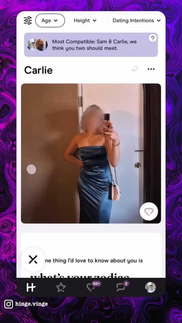 The image shows a woman posing in front of a mirror in a dating app UI. She is wearing a teal strapless dress and holding her phone up to take a selfie, and has a small bag. The app interface includes profile details from the app used and the image has a blurred background.