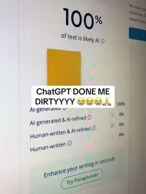 The image shows a computer screen displaying a text analysis result. The text indicates that 100% of the text is likely AI-generated, with a bar graph visually representing this percentage. A text overlay reads 'ChatGPT DONE ME DIRTYYYY' with crying and praying emojis, and below that are details about the text analysis.