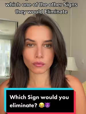 A woman with dark brown hair and brown eyes gazes directly at the camera. The background includes a view into a room with a window, a lamp with a beige lampshade, and a yellow pillow. A title bar in black with white text that reads, "Which Sign would you eliminate?" with laughing and devil face emojis are present at the bottom.
