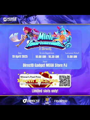 Cover image features a purple and blue themed poster, advertising a Mobile Legends: Bang Bang (MLBB) tournament. The top section has animated images of MLBB characters, with the tournament information arranged below. A central panel provides details such as the date, time, and location. The bottom area includes logos for DirectD and Realme, accompanied by information about the winner's pool prize and limited slots. Overall the image is designed to be visually appealing and informative, leveraging the game's branding to attract participants.