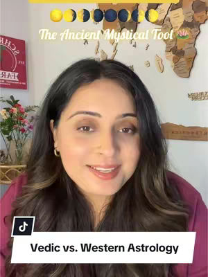 A woman with long, wavy dark hair smiles directly at the camera. The background includes a wooden world map, and text overlay. The woman is wearing a burgundy top. There is a TikTok logo in the bottom left corner. The overlay at the top of the cover image has a series of crescent moon phase graphics followed by the text 'The Ancient Mystical Tool'.