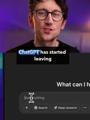 A man with glasses is in the top portion of the frame, with an overlay over a black ChatGPT interface. The overlay text states "ChatGPT has started leaving" followed by the ChatGPT interface showing an open text field with a blinking cursor.