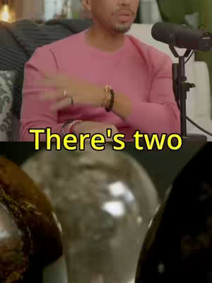 The image is divided into two sections. The top half shows a man with a pink shirt, with his left hand in view, wearing multiple bracelets. A microphone is nearby, and the background is blurry. The bottom half of the image displays two crystals, one is citrine (clear) and the other is obsidian (black)