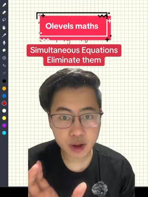 A selfie-style video cover image featuring a man with glasses and dark hair. The top part features two rectangular text overlays: "Olevels maths" in a pink rectangle with a black border, and "Simultaneous Equations Eliminate them" in a red rectangle. The man is looking directly at the camera, with a neutral expression, suggesting he is addressing the audience. The background features a grid pattern.