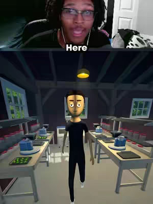 The cover image is split into two sections. The top half shows a person with glasses and dreadlocks talking to the camera. The bottom half features a 3D rendering of a room with a person that has a black outfit. The text overlay 'Here' placed above the image of the inside of the game.