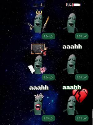 The image shows a series of cartoon characters based on the character Plankton from the SpongeBob SquarePants series, arranged in a mockup of a WhatsApp chat. The background is a starry space. Stickers are showing various facial expressions and actions, the text bubbles including timestamps and checkmarks indicating read statuses. The image has a humorous and creative layout.