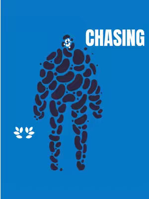 An illustration on a blue background featuring a figure made of dark blue shapes, suggesting a person. The word "CHASING" is written in white letters to the right of the figure. Below the figure are two white leaf-like icons.