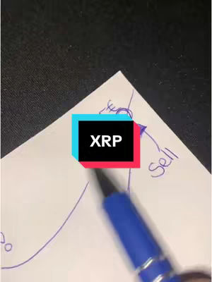 A hand-drawn diagram on white paper with blue pen strokes. A blue and black overlaid box reads "XRP". The writing includes the words "Sell" and figures and lines denoting a downward trajectory. The background is a dark surface.