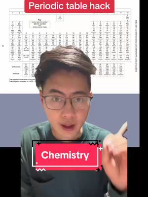 A man with glasses is in front of a periodic table chart with a red banner that reads "periodic table hack" and another one at the bottom that says chemistry. The background is a mix of blue and white.