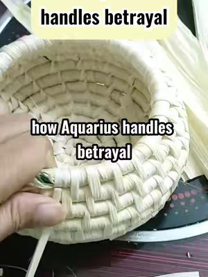 A close-up shot of a woven basket, with a hand reaching in to manipulate a piece of the weaving. Text overlays are present.