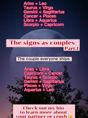 The image is a background of a gradient from dark blue to light blue, with a large white orb in the center, presumably the moon. Overlaid on this are multiple layers of text and design elements. At the top, in red, are lists of zodiac signs coupled together. Below a pink opaque rectangle displays "The signs as couples" in a white font with an edge, and "Part.1" in the right corner. Below is the line "The couple everyone ships" in white on a pink rectangle. In the bottom, more couple combinations in white text against pink rectangle. Text in this image states "Check out my bio to learn more about your partner or crush." The overall composition has a celestial theme.