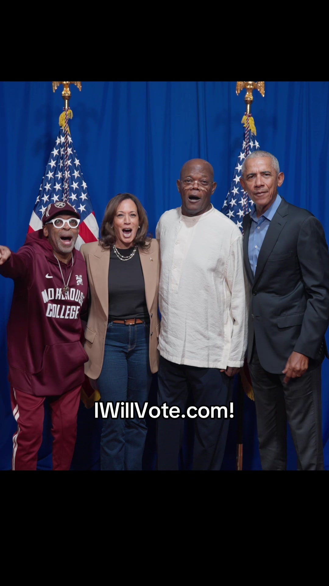 The cover image shows four people standing in front of a dark blue backdrop, and in front of the American flag. From left to right, Spike Lee is looking to his left with a look of excitement, Kamala Harris in the middle is shouting, a man Samuel L. Jackson is to Kamala's right shouting. Barack Obama is in the right smiling. White text at the bottom of the image reads "IWillVote.com!".