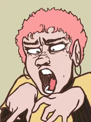 A cartoon-style image featuring a person with pink curly hair, wide eyes, and an open mouth. The person has a light skin tone, and is wearing a yellow top. The background is a muted green color.