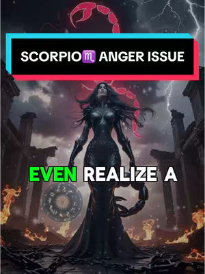 The cover image is a digital artwork featuring a woman in a long black dress. She is centrally positioned with her arms extended to the sides. Behind her, there is a dark, stormy sky with lightning flashes. At the top, there is a rectangular banner with the text "SCORPIO ANGER ISSUE". Below the woman, the text "EVEN REALIZE A" in a different font. Flames and a zodiac wheel image appear at the bottom along with a scorpion tail