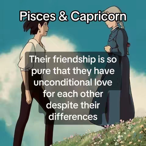 An image from an animated movie featuring two anime-style characters in a natural setting with a sky background. The image has text boxes describing friendship.