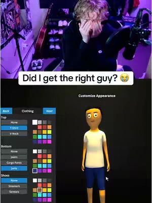 The image is split into two sections. The top half shows a man covering his face with his hands, seemingly in a humorous or dramatic gesture during a video recording. Behind him is a room set up for streaming or recording, with a microphone, a guitar, and other equipment visible. The lower half displays a game interface where the player is customizing a character. The interface includes options for clothing and appearance.