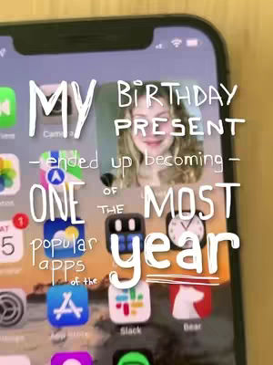 A phone screen displays various app icons. Overlayed with text, the face of a smiling woman appears in a central, slightly blurred image within a translucent shape, surrounded by white text.